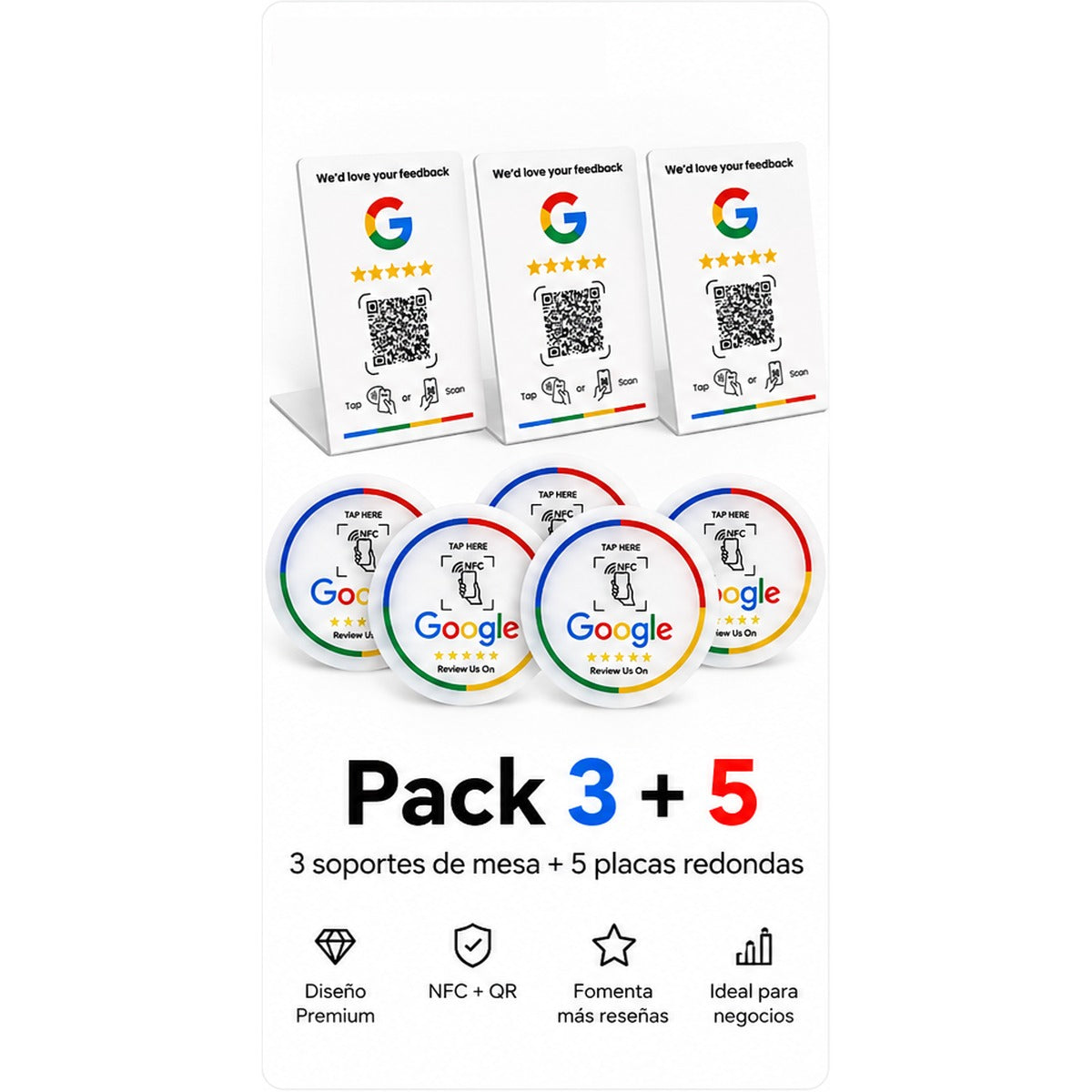 Kit de inicio revendedor: 3 expositores + 5 pegatinas NFC